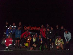 Intrepid adventurers from Saddleworth Runners ready to continue their night run after fuelling up at Coffee Run!